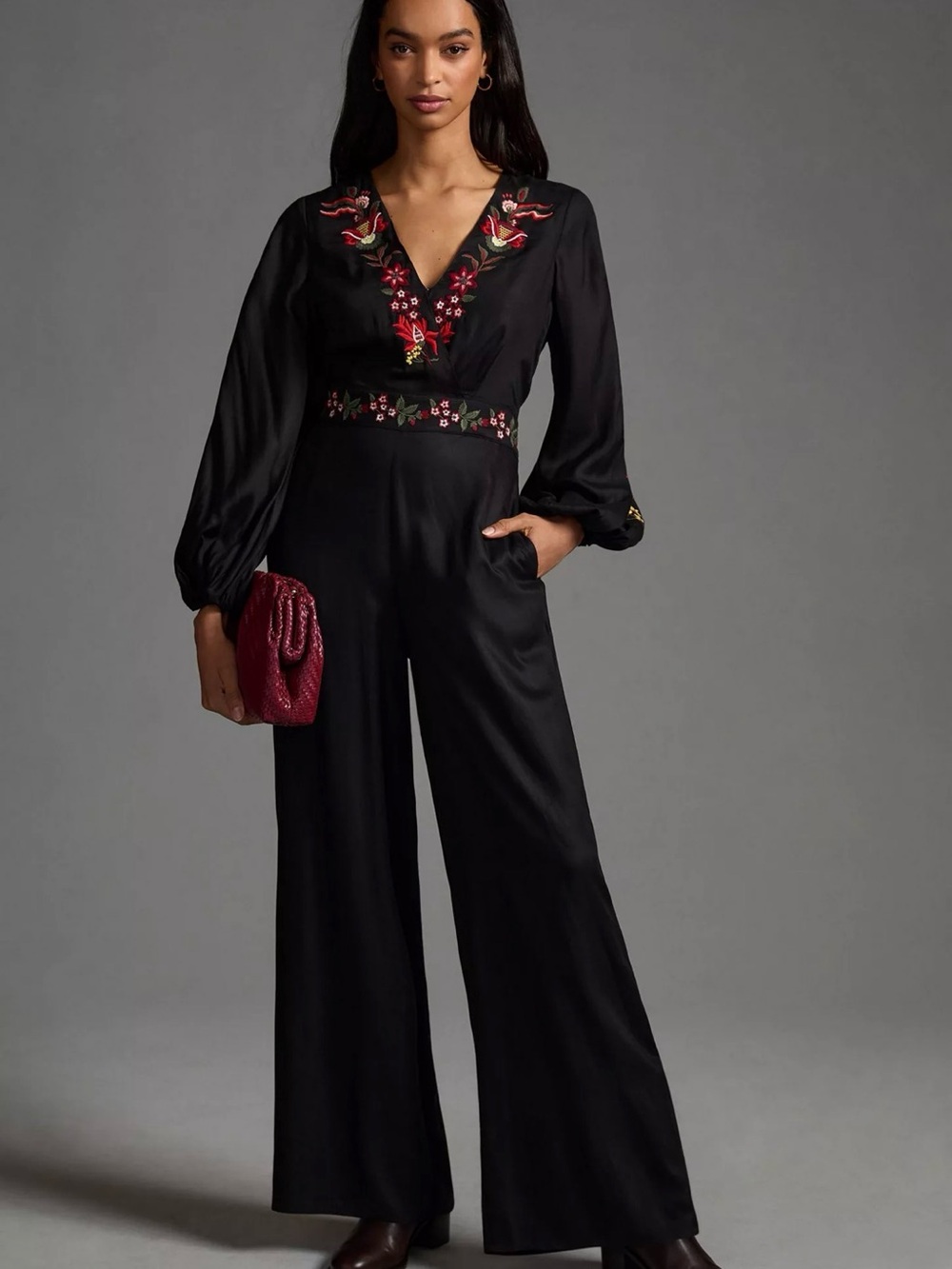 FARM Rio Anthropologie Black Maxi Jumpsuit with Red Floral Embroidery Sz. S